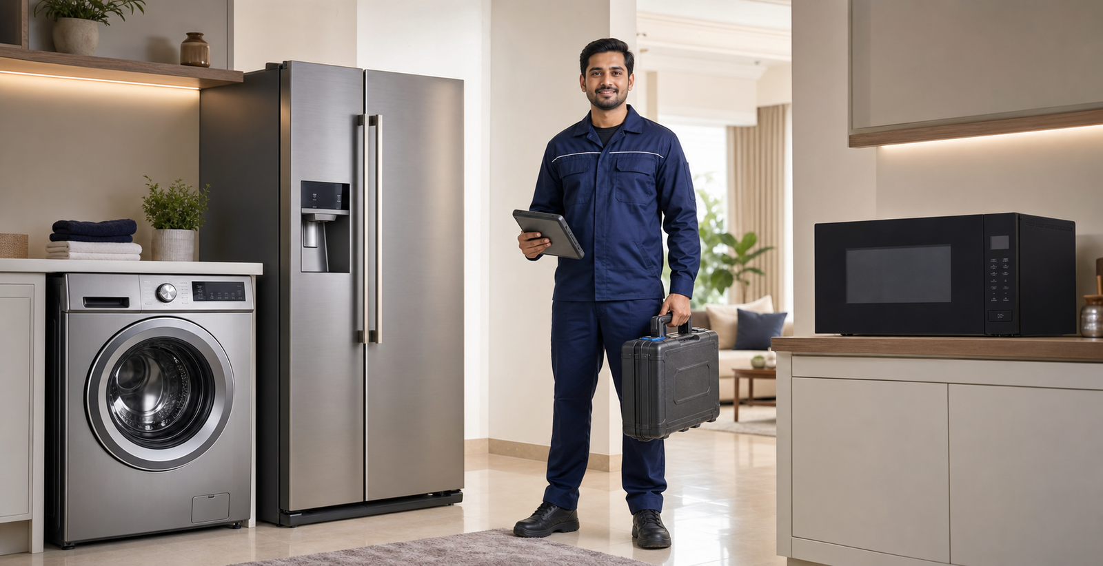 Appliance service technician with washing machine refrigerator and microwave
