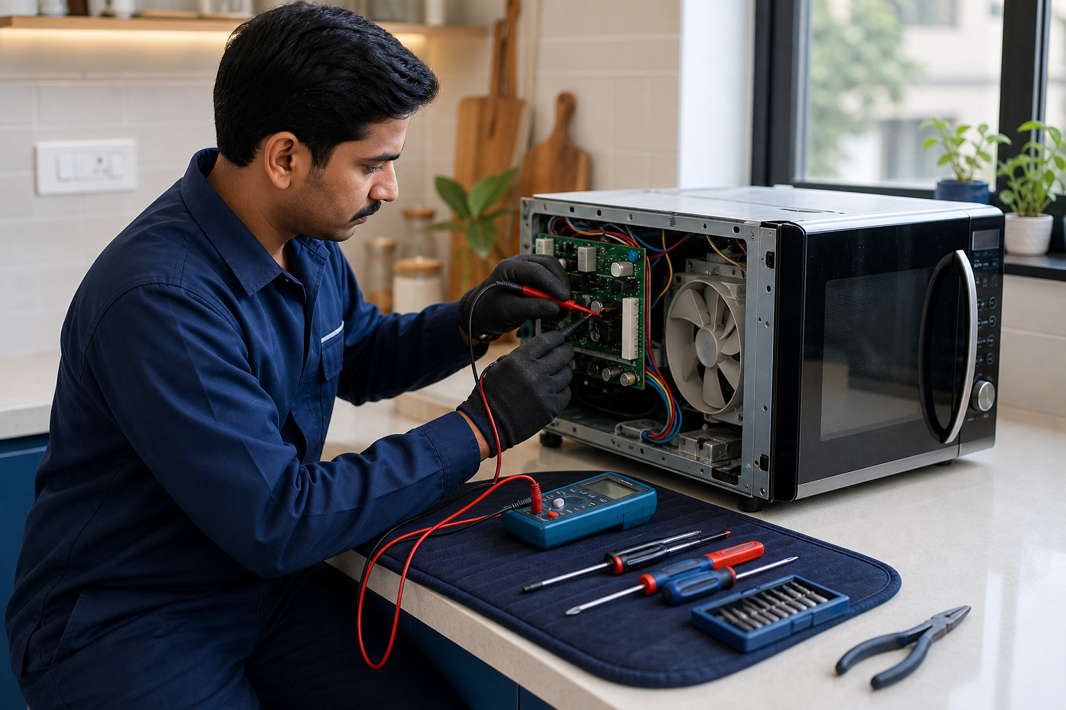 Technician safely diagnosing a microwave oven