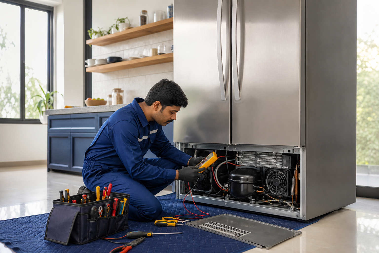 Technician professionally diagnosing a refrigerator